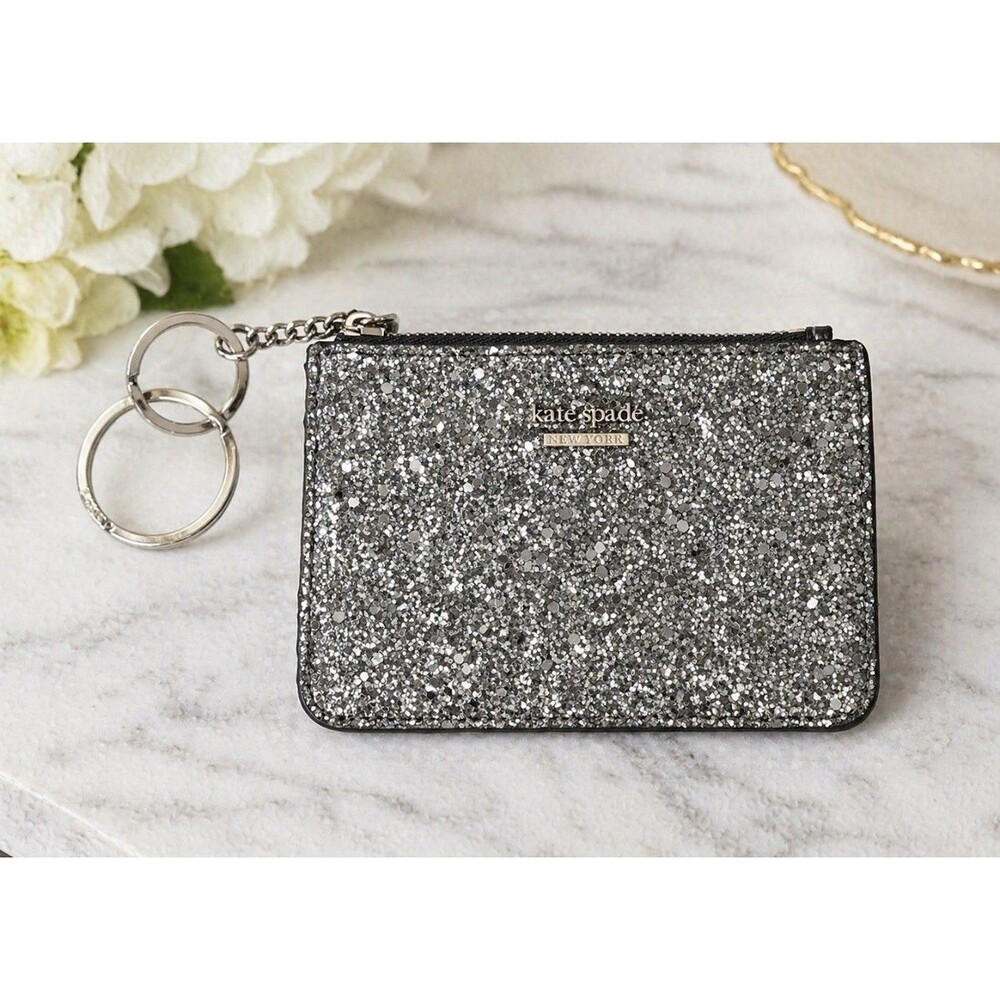 Kate Spade Bitsy Laurel Way Glitter Keychain Card ID Change Holder Wallet Silver